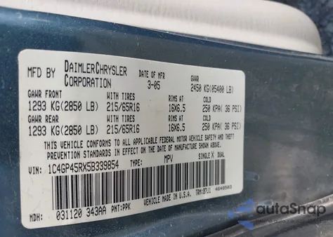 2005 Chrysler Town & Country из США, поврежденный, VIN 1C4GP45RX5B339854